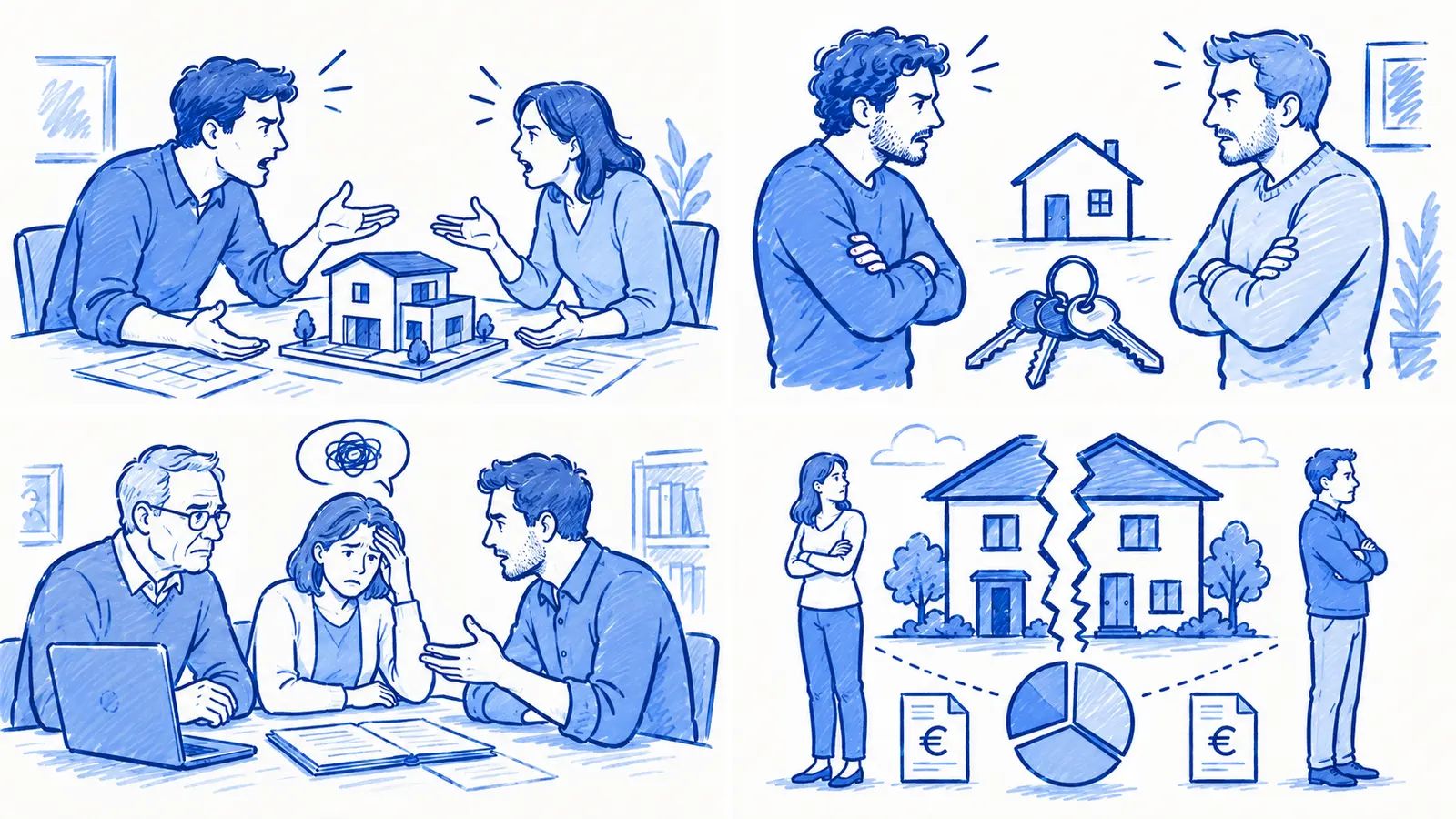 Una pareja discutiendo delante de la maqueta de una vivienda compartida