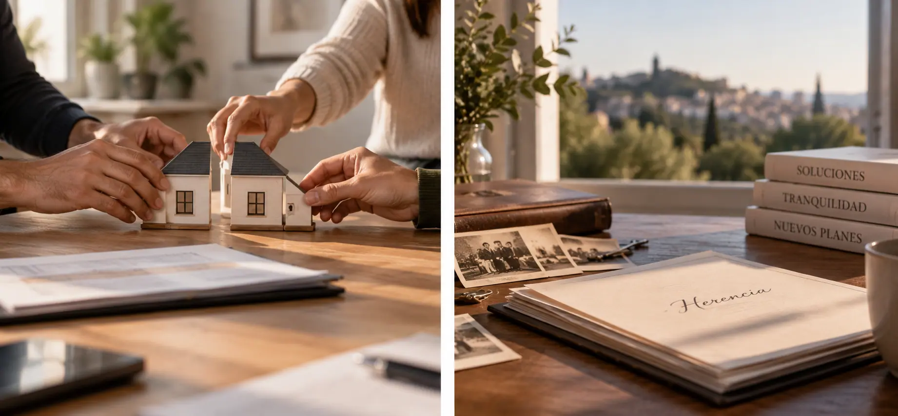 Dos personas repartiendo la maqueta de una vivienda heredada, junto a una carpeta de herencia con la palabra 'soluciones'