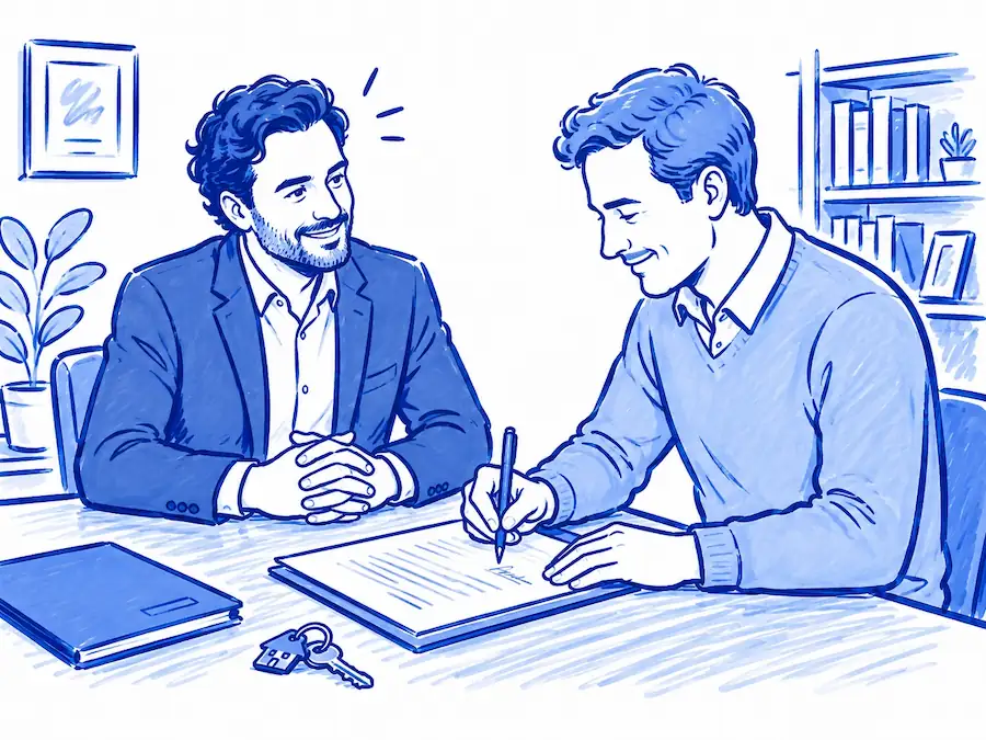 Cliente firmando la documentación acompañado por un profesional