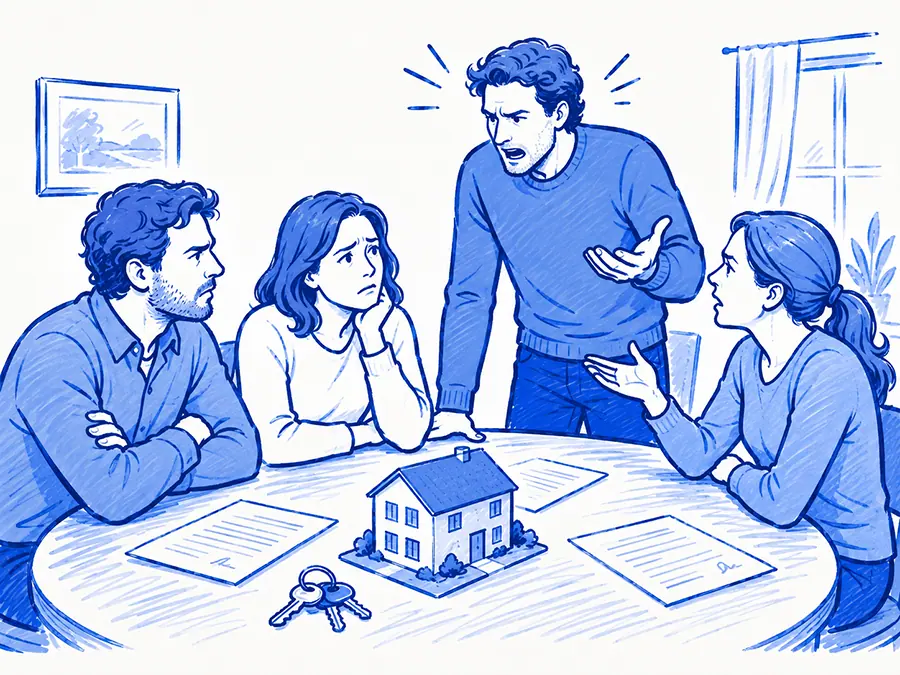 Varios hermanos discutiendo alrededor de una vivienda heredada