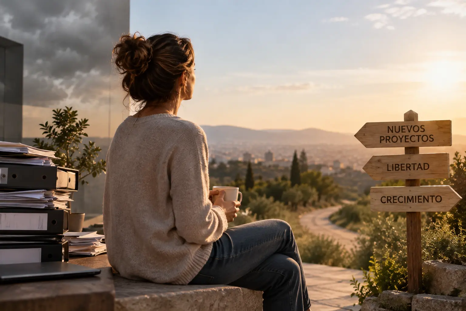 Mujer con un café mirando el horizonte hacia nuevos proyectos, libertad y crecimiento tras vender su parte de la vivienda