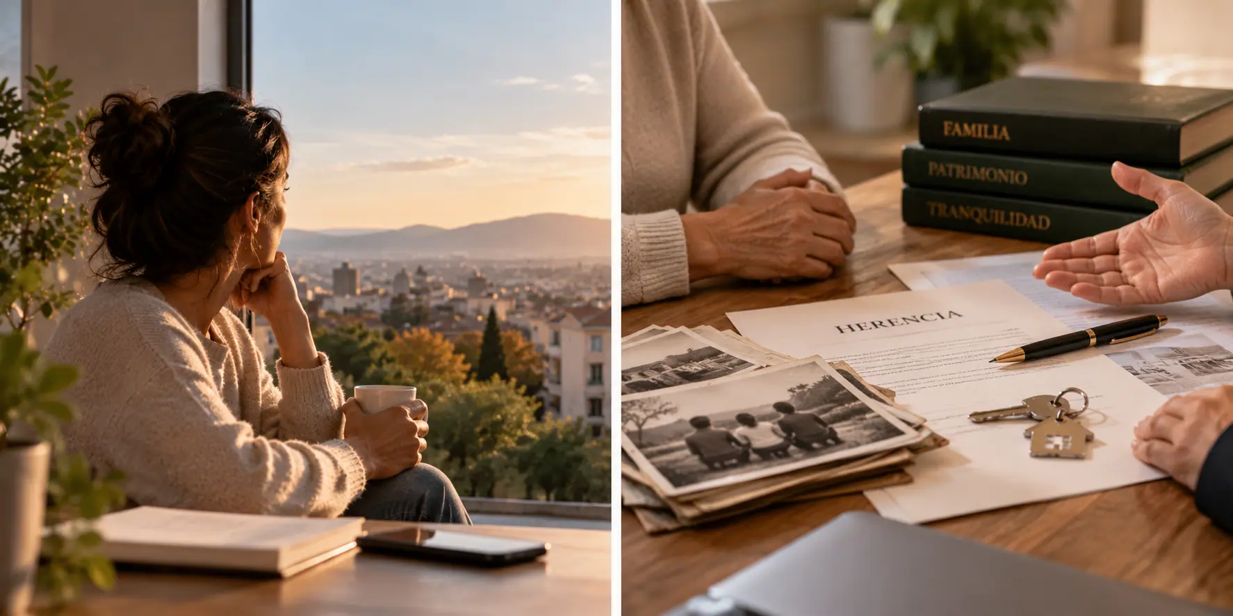 Documento de herencia, fotos familiares antiguas y llaves de la vivienda sobre una mesa, junto a libros que dicen 'familia', 'patrimonio' y 'tranquilidad'